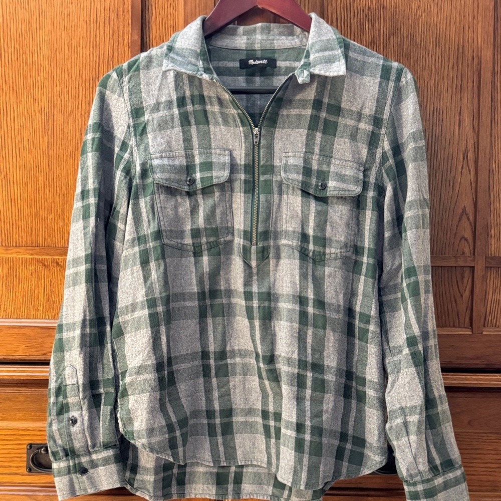 Madewell Flannel Zip Front Popover Shirt Washburn Plaid Shirttail Hem F9220 Cozy